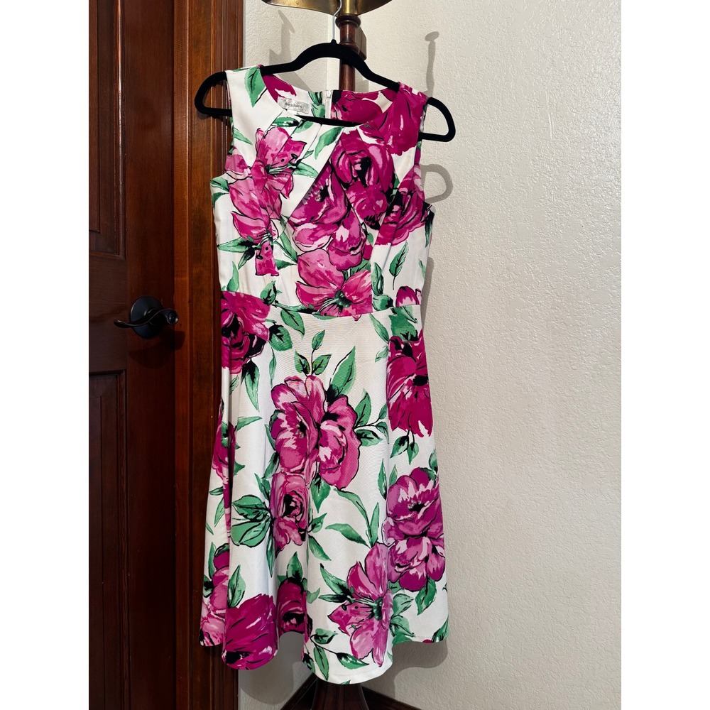 Dressbarn Womens Pink Floral Fit and Flare Sleeveless Pleated Neck Dress Size 6
